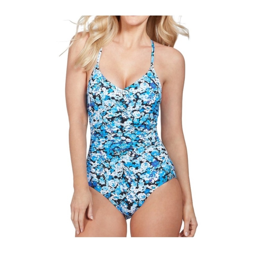 Nautica Womens Blue Floral Ruched One Piece Swimsuit Size M Pool Beach Wear